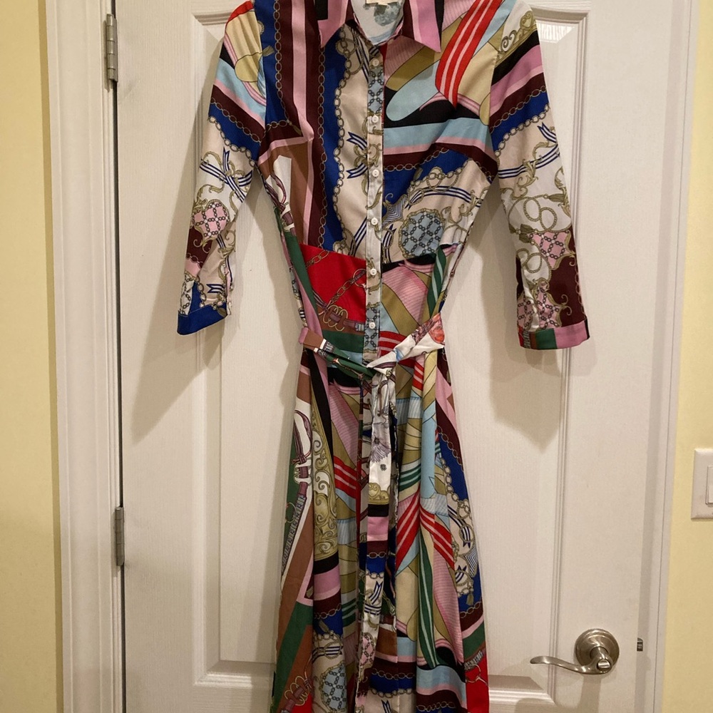 Pink Ripple Chain And Scarf Print Belted Shirt Dress small